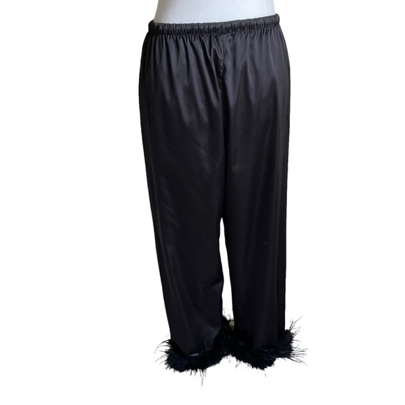 Feather Trimmed Black Satin Pajama Pants Bottoms Elastic Waist Drawstring Sz M - Picture 9 of 16